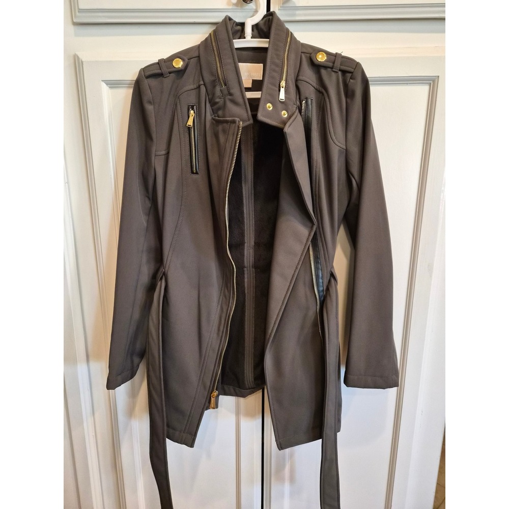 Michael Kors Womens XS Gray Softshell Jacket Faux Fur Lined Hooded Belted Trench - Picture 3 of 15